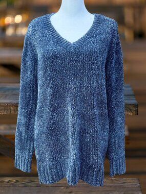 Orvis Classic Collection Ladies' Navy Chenille Ribbed V-Neck Sweater Hi-Lo (Med)